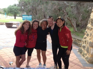 Hugs all around at the finish line at Picnic Cove.        L to R - Claire, Jayne, Moi, Orla and Kirsten